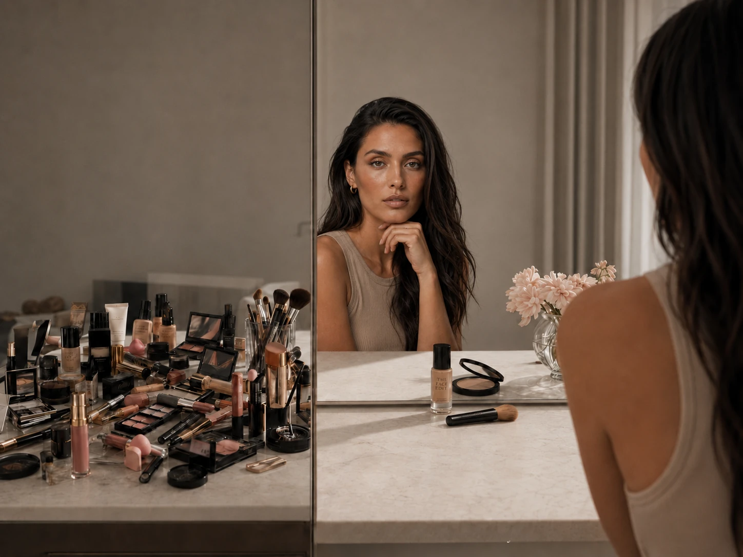 Two approaches, one face. The generic approach, a cluttered marble surface of trending products, viral colours and heavy application. Versus The Face Edit approach, an edited set of personalised products, the right tools, and a clear focus.